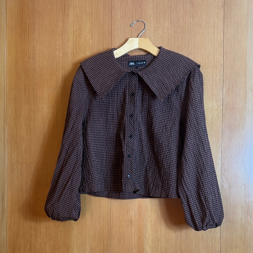 Zara Brown Checked Button-Down with Oversized Col… - image 1
